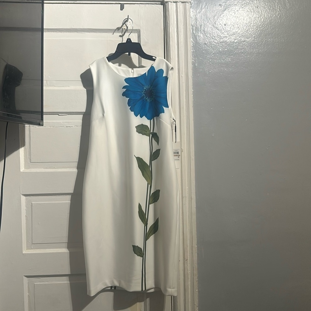 White Calvin Klein dress with blue floral print